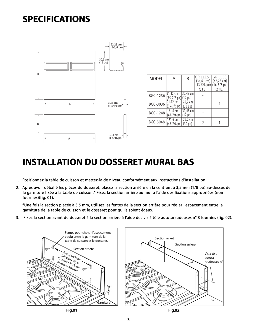 DCS BGC-3048, BGC-1236, BGC-3036, BGC-1248 manual Installation Du Dosseret Mural Bas, Specifications, Model 