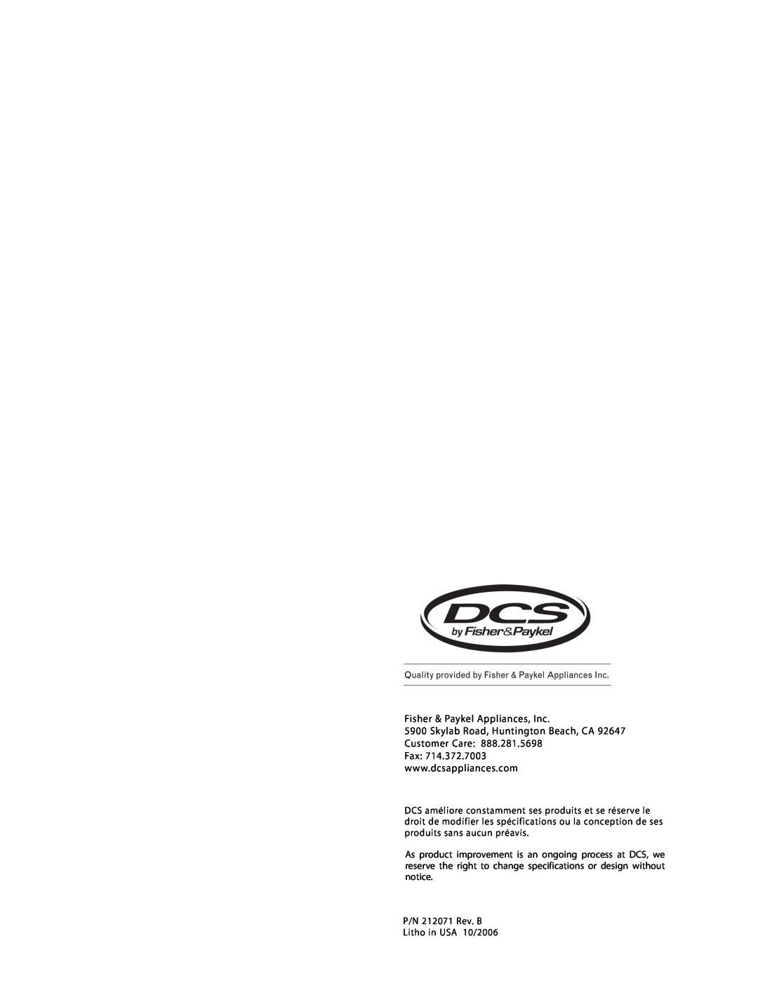 DCS BGC-3048, BGC-1236, BGC-3036, BGC-1248 manual Fisher & Paykel Appliances, Inc, P/N 212071 Rev. B Litho in USA 10/2006 