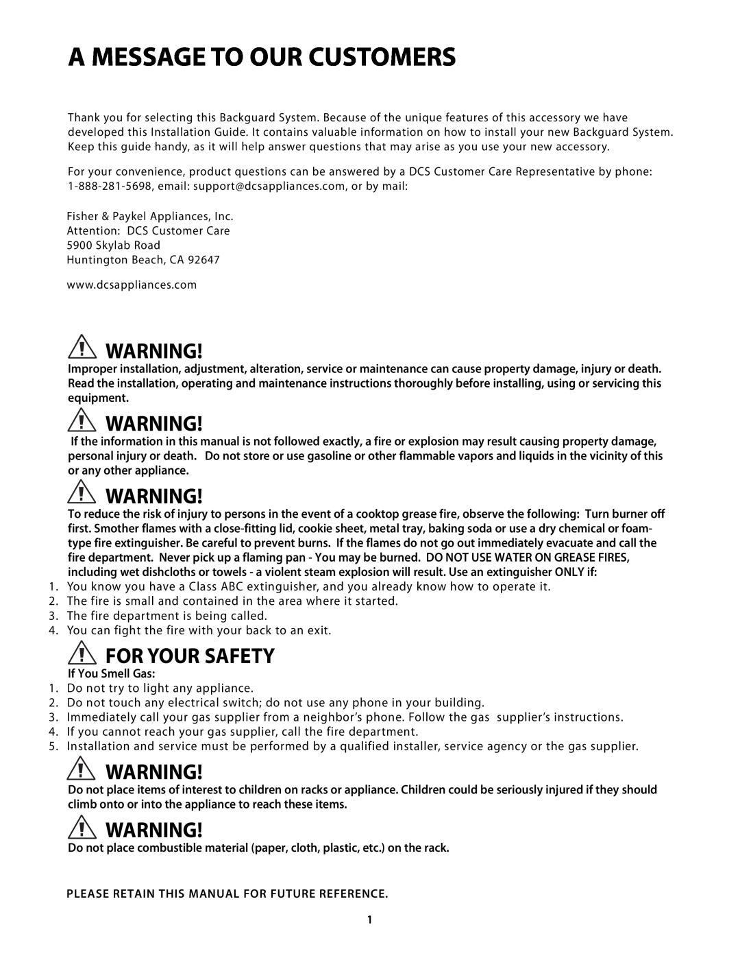 DCS BGC-1248, BGC-3048, BGC-1236, BGC-3036 manual A Message To Our Customers, For Your Safety, If You Smell Gas 