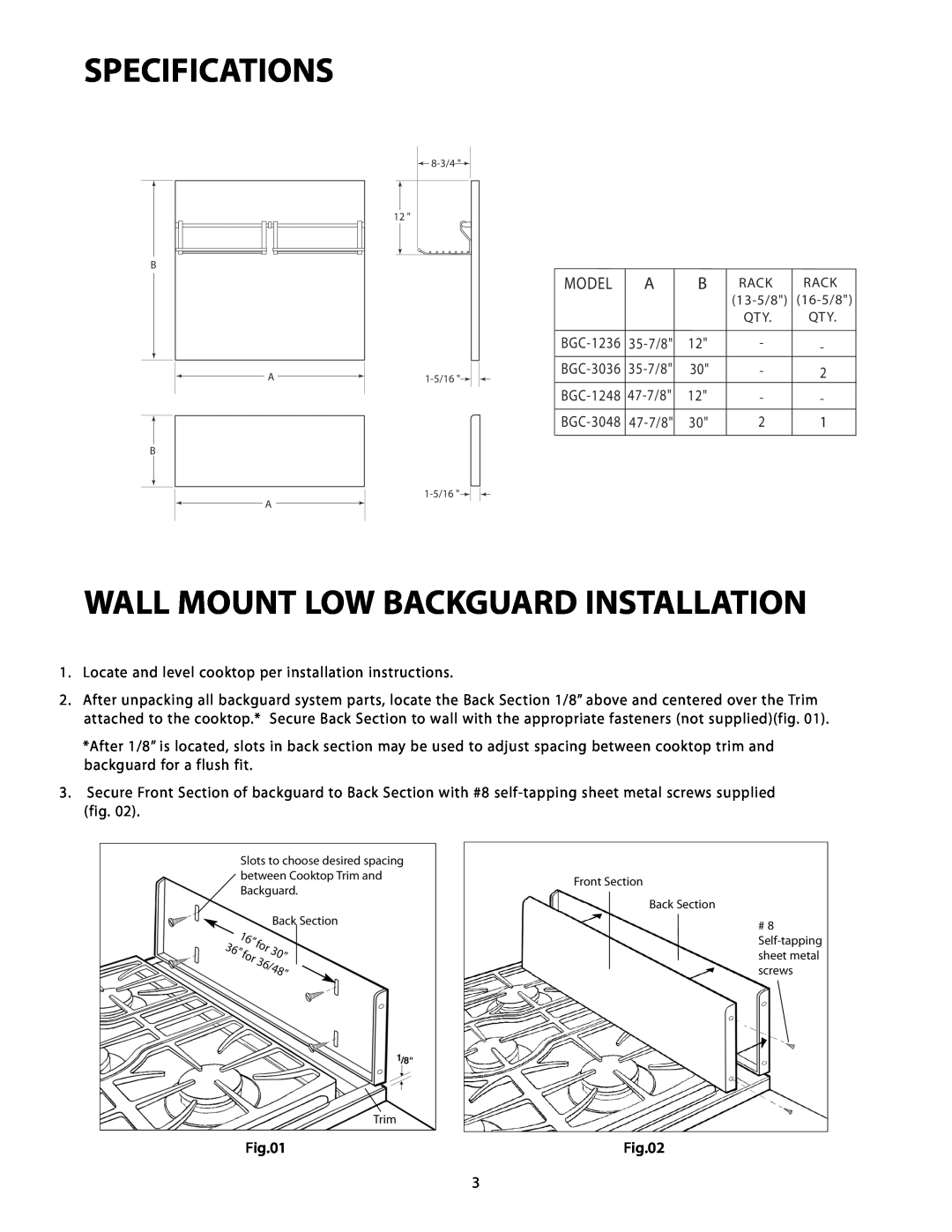 DCS BGC-1236, BGC-3048, BGC-3036, BGC-1248 manual Specifications, Wall Mount Low Backguard Installation, Model 