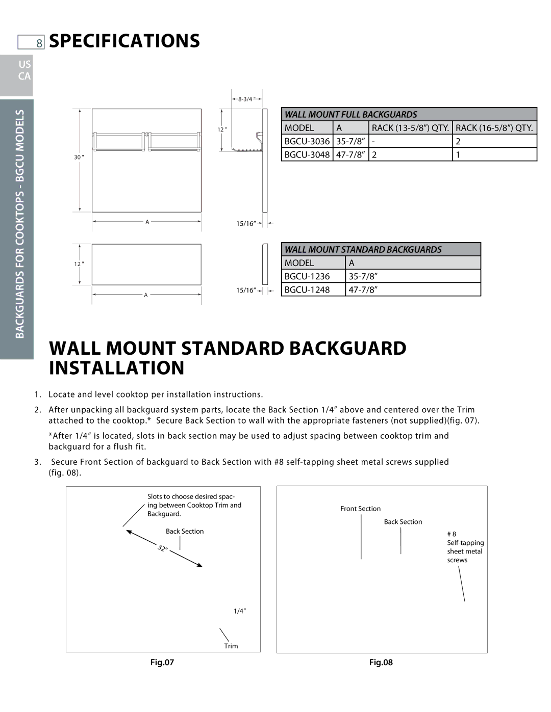 DCS BGCU, BGRU installation instructions Wall Mount Standard Backguard Installation, Us Ca 