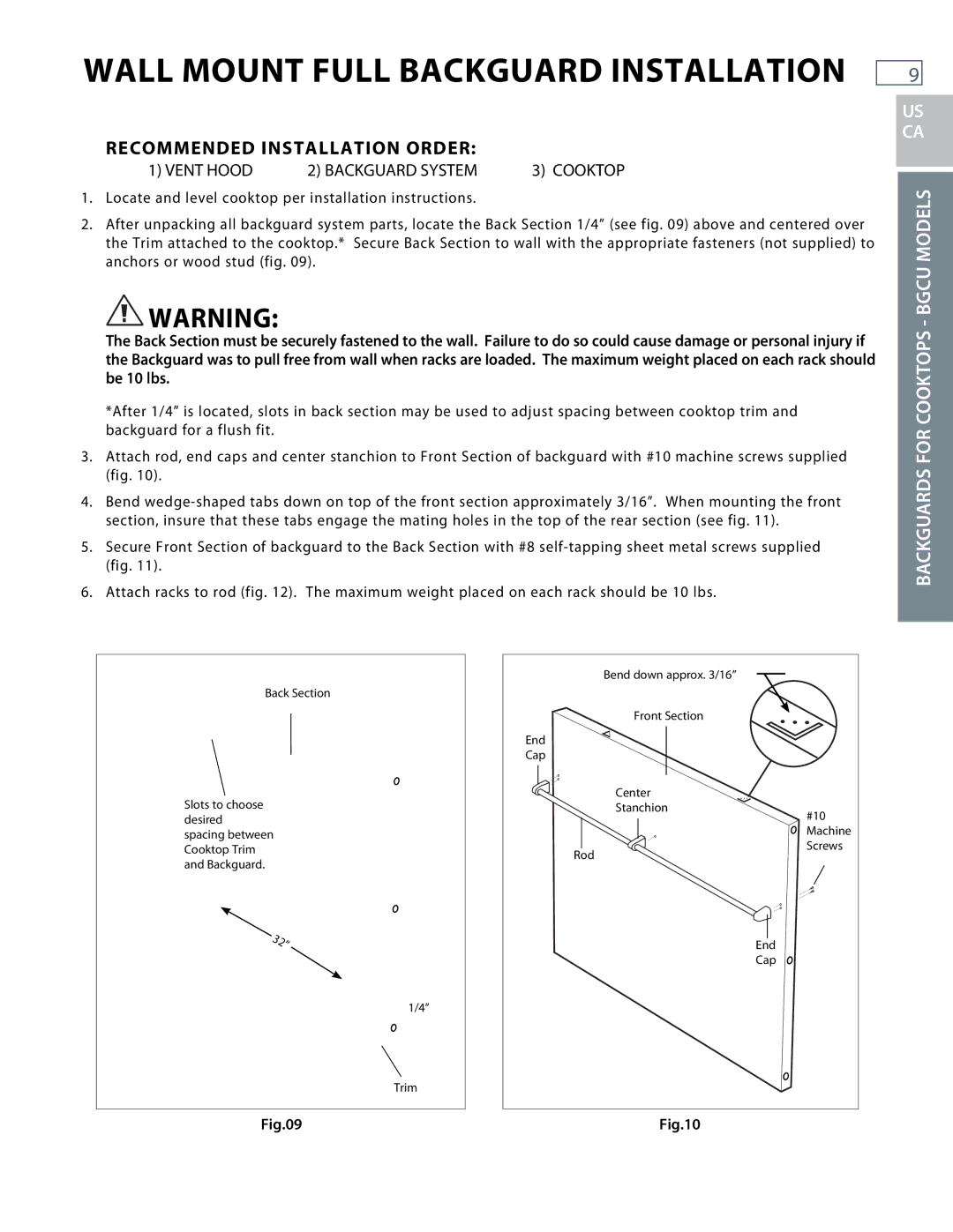 DCS BGRU, BGCU installation instructions US CA Backguards for Cooktops Bgcu Models 