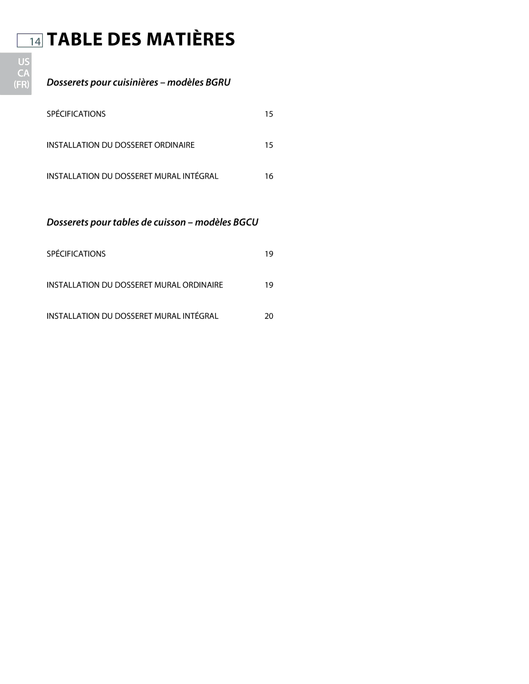 DCS BGCU, BGRU installation instructions Table DES Matières, Dosserets pour tables de cuisson modèles Bgcu 