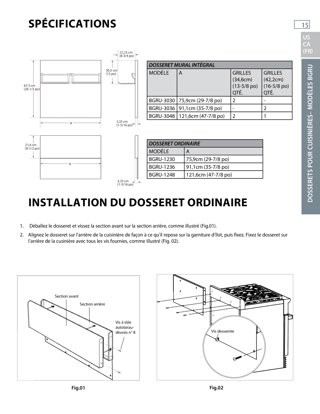 DCS BGRU, BGCU installation instructions Spécifications, Installation DU Dosseret Ordinaire 