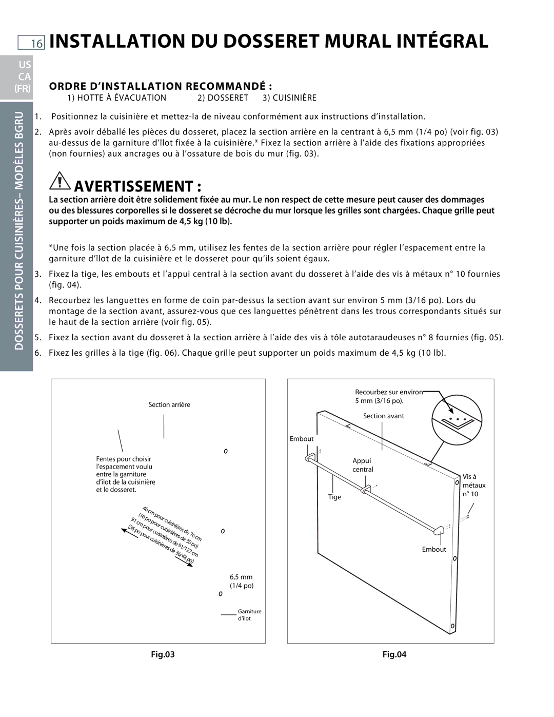 DCS BGCU, BGRU installation instructions Installation DU Dosseret Mural Intégral, Ordre D’INSTALLATION Recommandé 