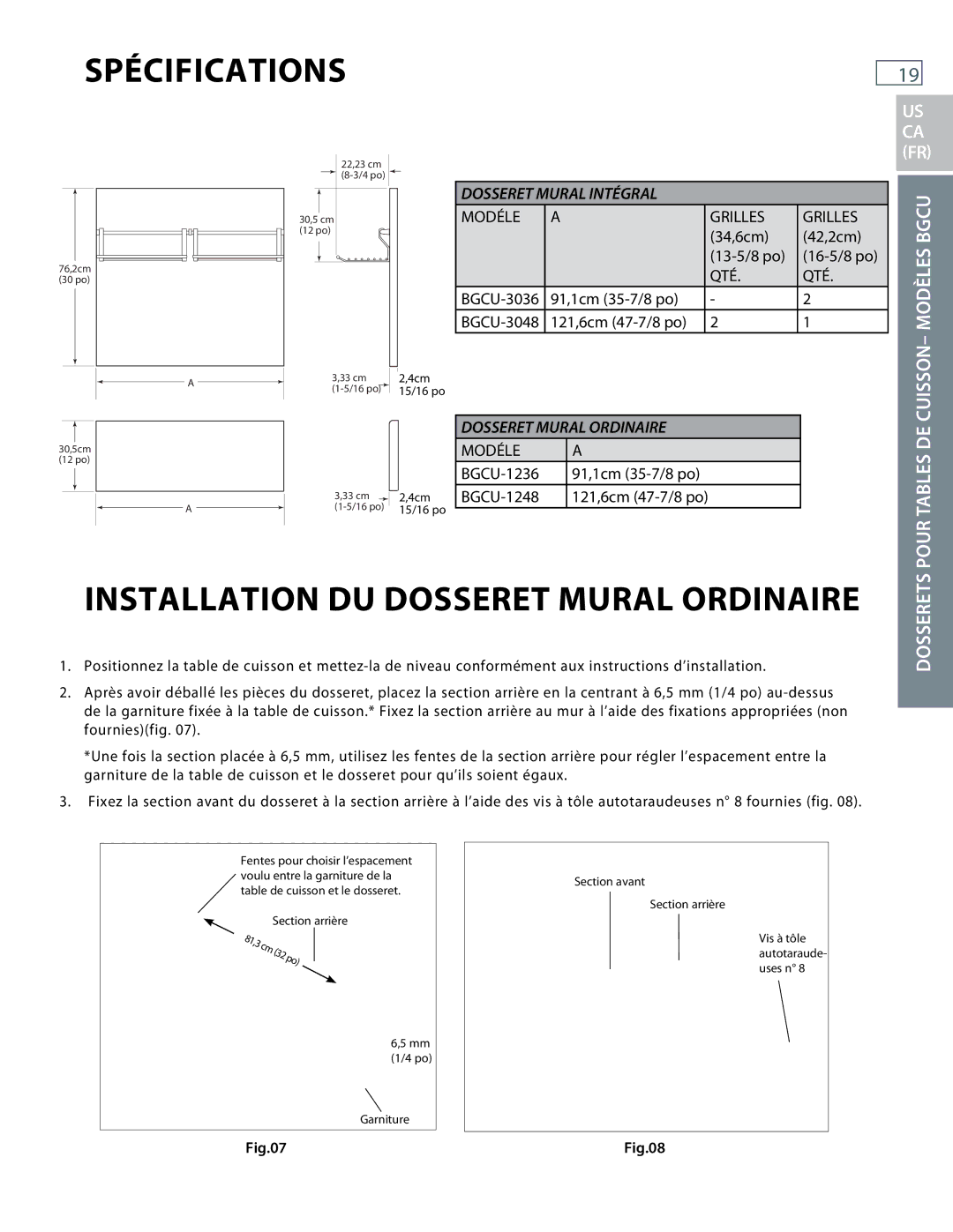 DCS BGRU, BGCU installation instructions Installation DU Dosseret Mural Ordinaire, Modèles Bgcu 