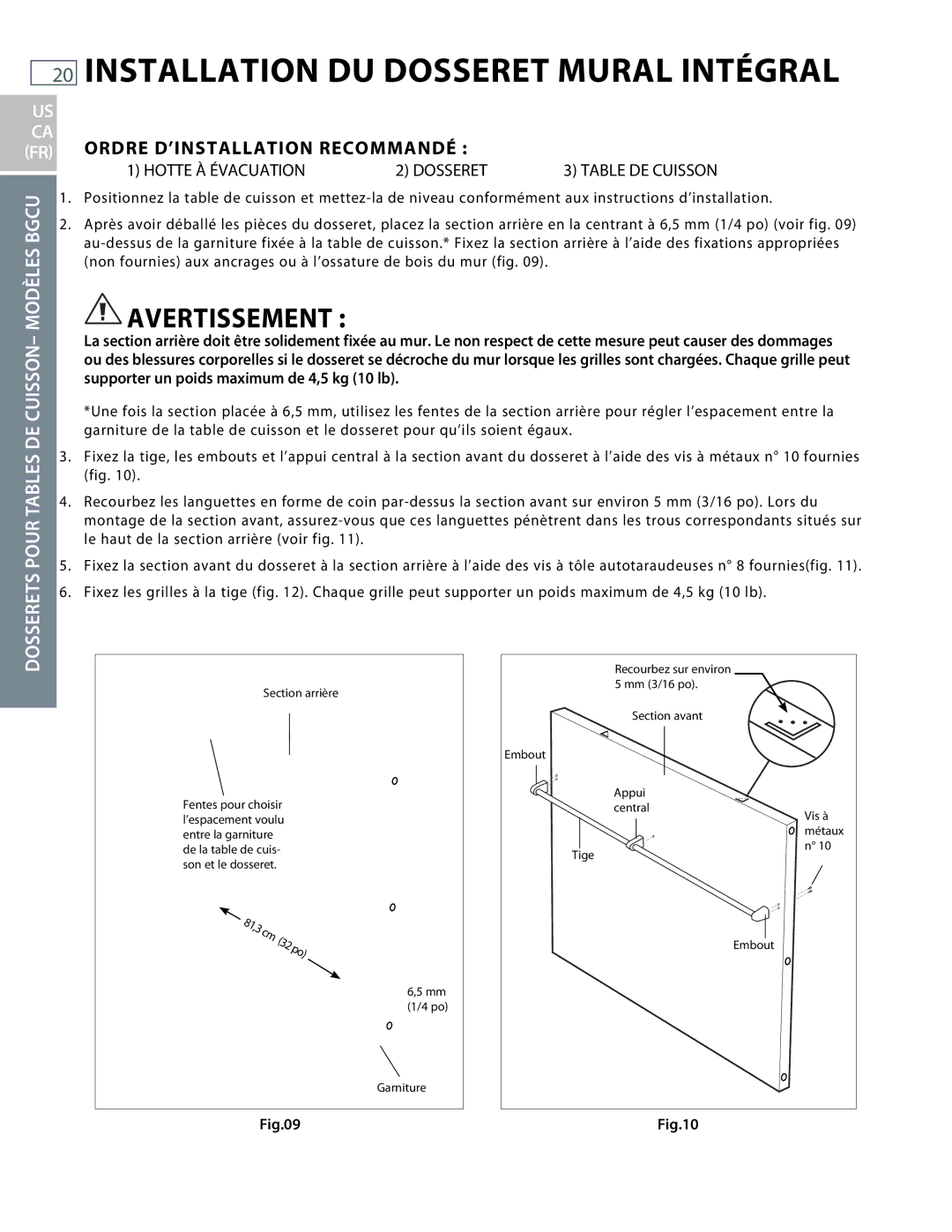 DCS BGCU, BGRU installation instructions FR Ordre D’INSTALLATION Recommandé, Hotte À Évacuation Dosseret 