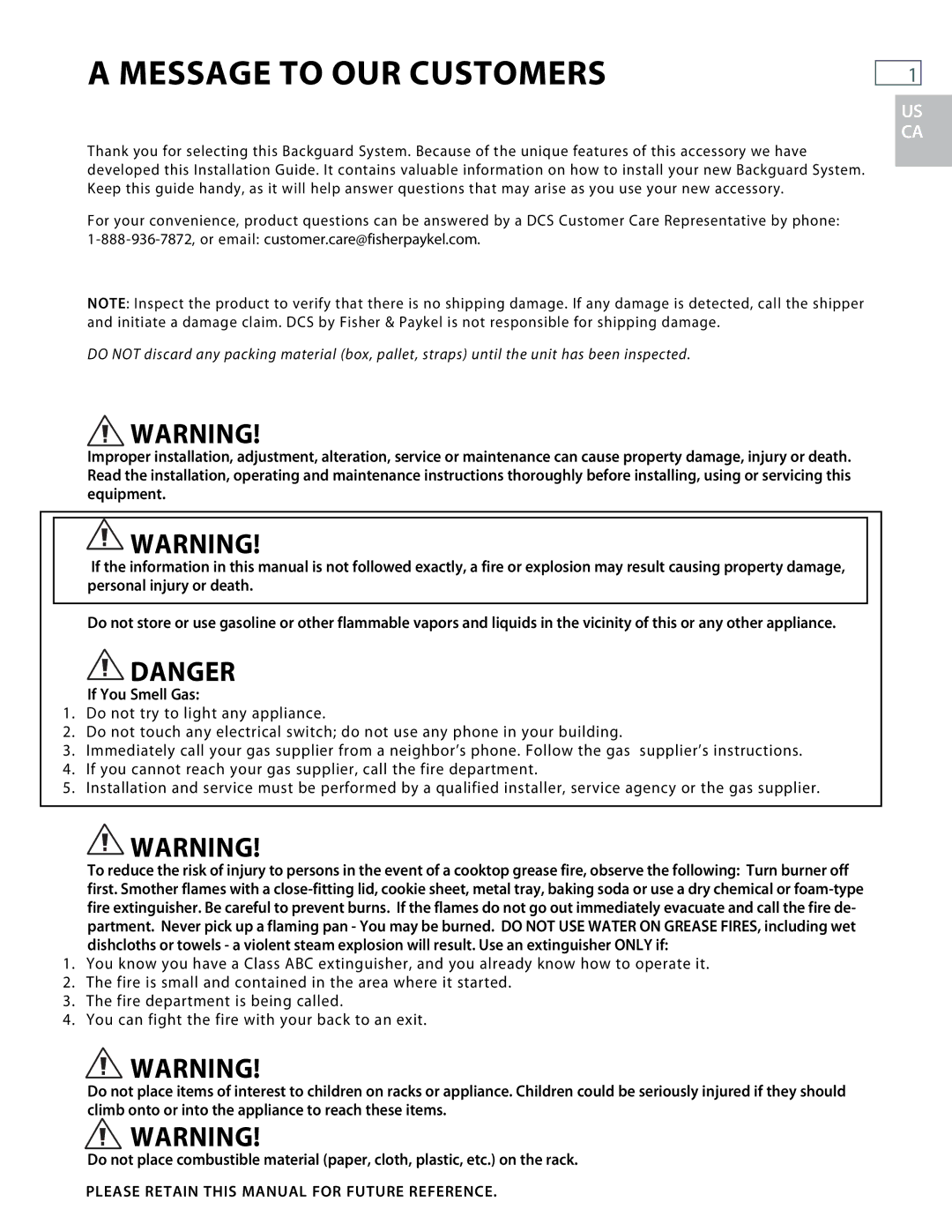 DCS BGRU, BGCU installation instructions Message to OUR Customers, If You Smell Gas 