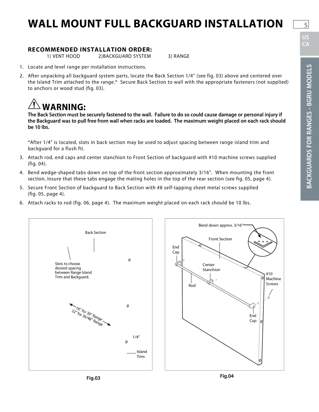 DCS BGRU, BGCU Wall Mount Full Backguard Installation, Recommended Installation Order, Backguards for Ranges Bgru Models 