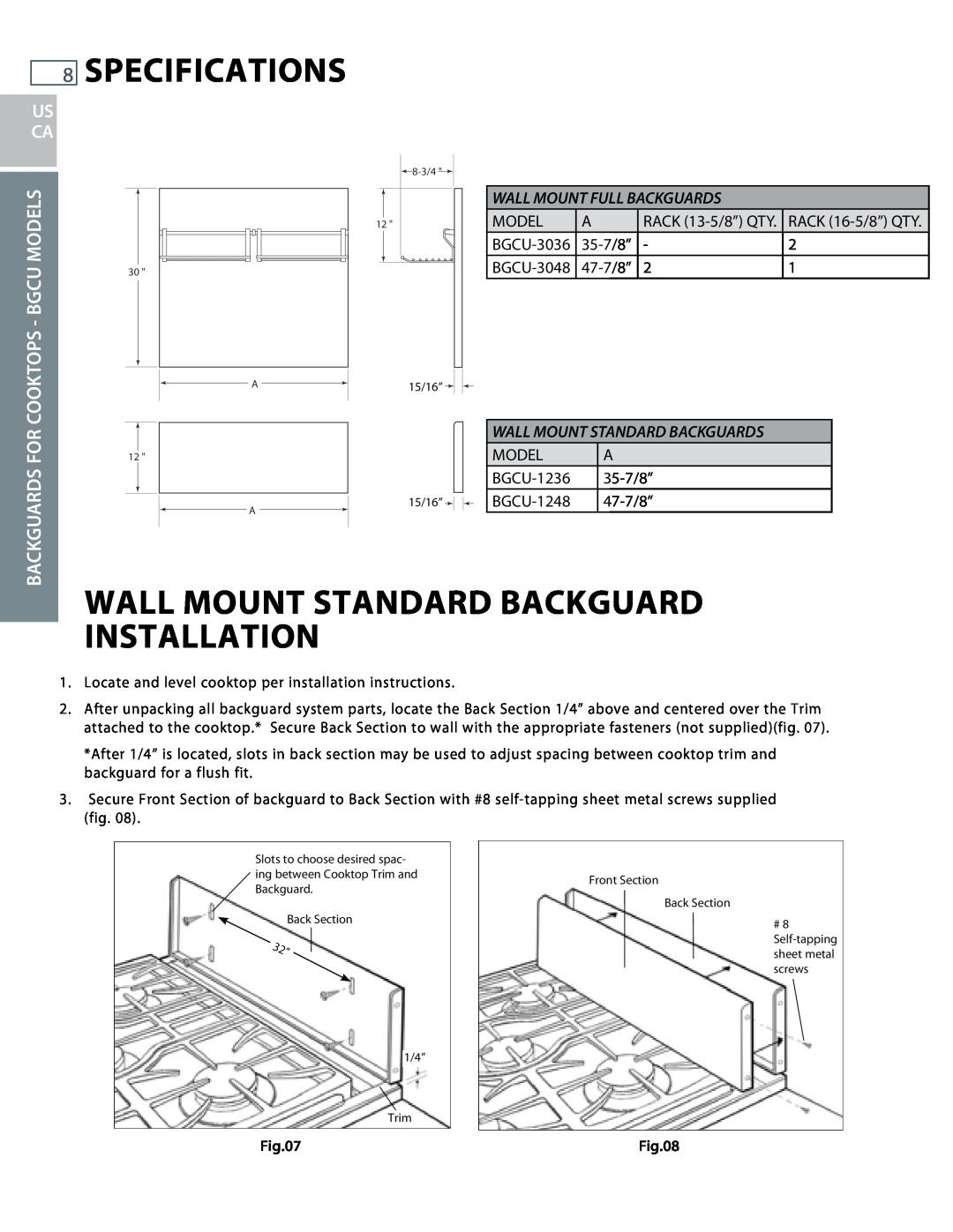 DCS BGCU Wall Mount Standard Backguard Installation, Backguards For Cooktops - Bgcu Models, Wall Mount Standard Backguards 