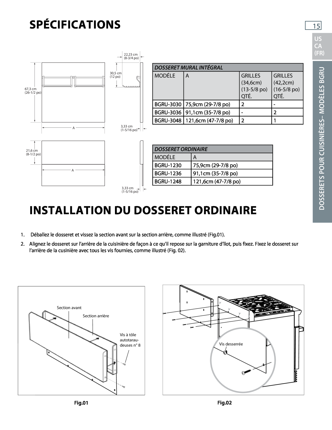 DCS BGRU, BGCU installation instructions Spécifications, Installation Du Dosseret Ordinaire, Dosseret Mural Intégral 