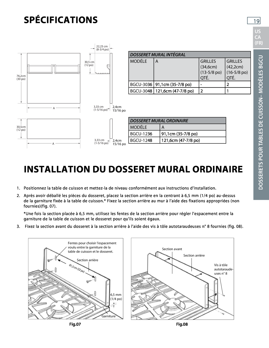 DCS BGRU, BGCU Installation Du Dosseret Mural Ordinaire, Modèles Bgcu, Pour Tables De Cuisson, Dosserets, Spécifications 