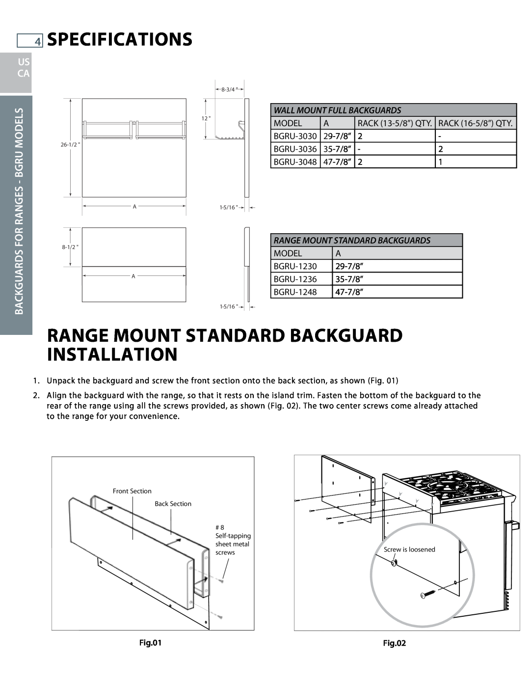 DCS BGCU, BGRU Specifications, Range Mount Standard Backguard Installation, Bgru Models, Wall Mount Full Backguards, Us Ca 
