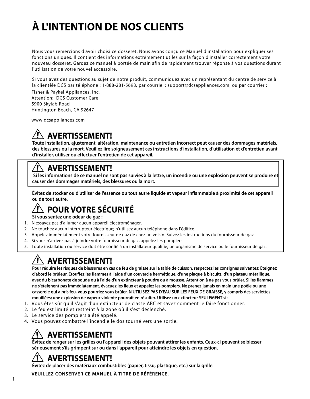 DCS BGS-1236, BGS-3030, BGS-3048, BGS-3036, BGS-1230, BGS-1248 manual Lintention DE NOS Clients, Avertissement 