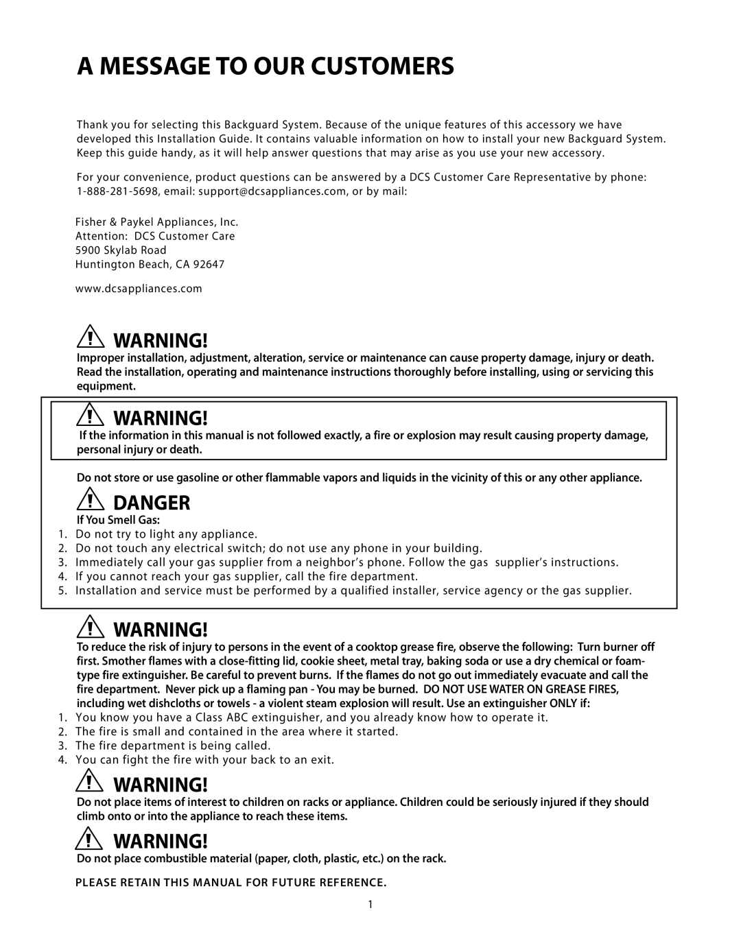 DCS BGS-1230, BGS-3030, BGS-3048, BGS-3036, BGS-1236, BGS-1248 manual Message to OUR Customers, If You Smell Gas 