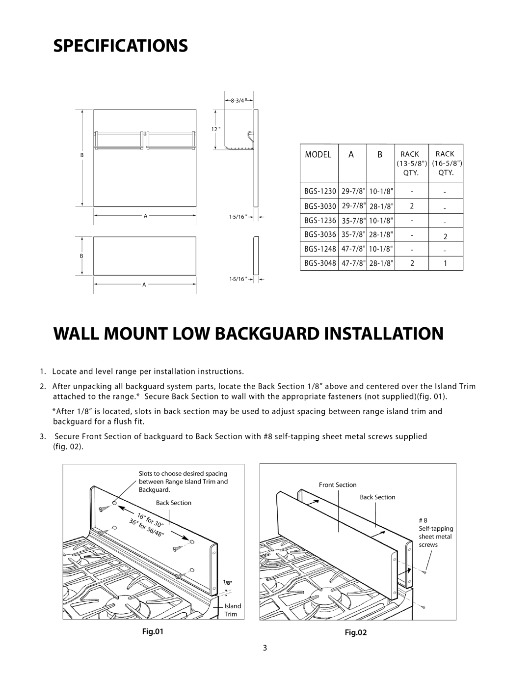 DCS BGS-1248, BGS-3030, BGS-3048, BGS-3036, BGS-1230, BGS-1236 manual Specifications, Wall Mount LOW Backguard Installation 