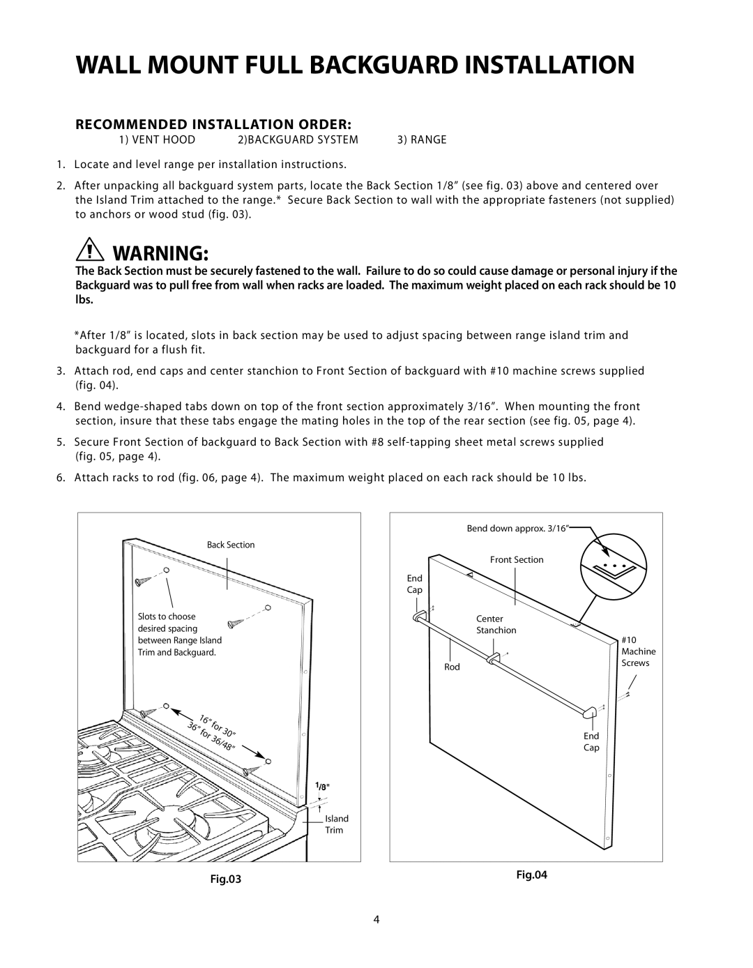 DCS BGS-3030, BGS-3048, BGS-3036, BGS-1230, BGS-1236 Wall Mount Full Backguard Installation, Recommended Installation Order 