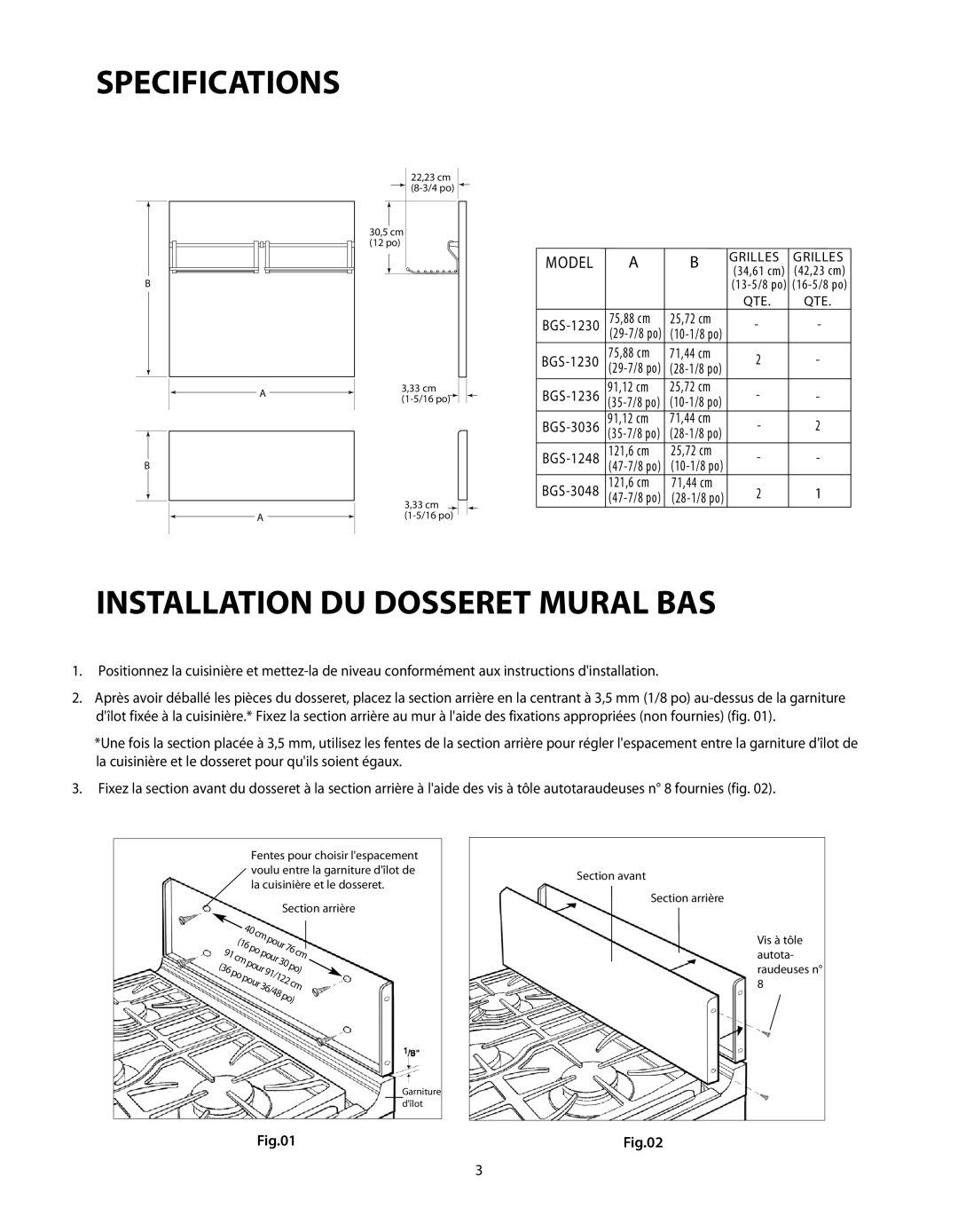 DCS BGS-3030, BGS-3048, BGS-3036, BGS-1230, BGS-1236, BGS-1248 manual Installation Du Dosseret Mural Bas, Specifications, Model 