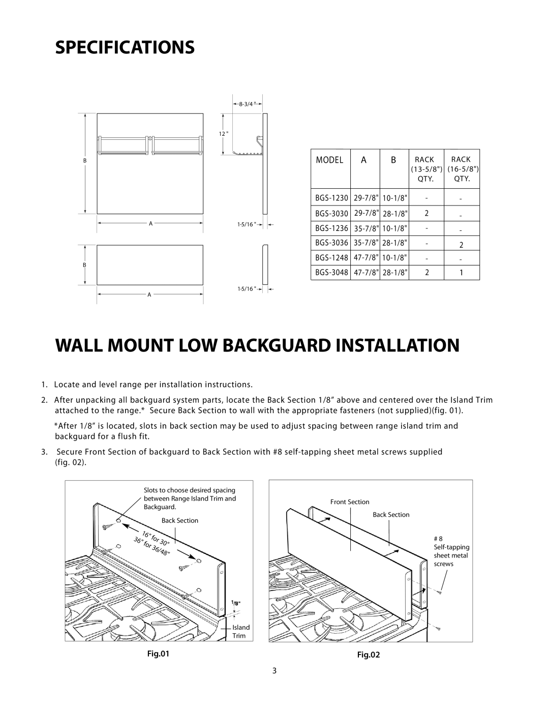 DCS BGS-1248, BGS-3030, BGS-3048, BGS-3036, BGS-1230, BGS-1236 Specifications, Wall Mount Low Backguard Installation, Model 