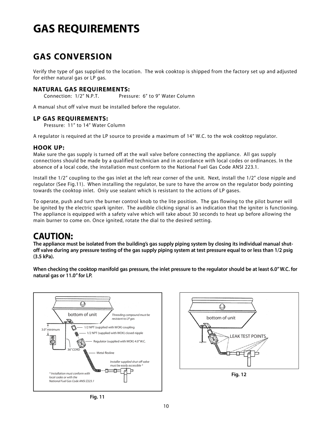 DCS C-24 installation instructions GAS Conversion, Natural GAS Requirements, LP GAS Requirements, Hook UP 