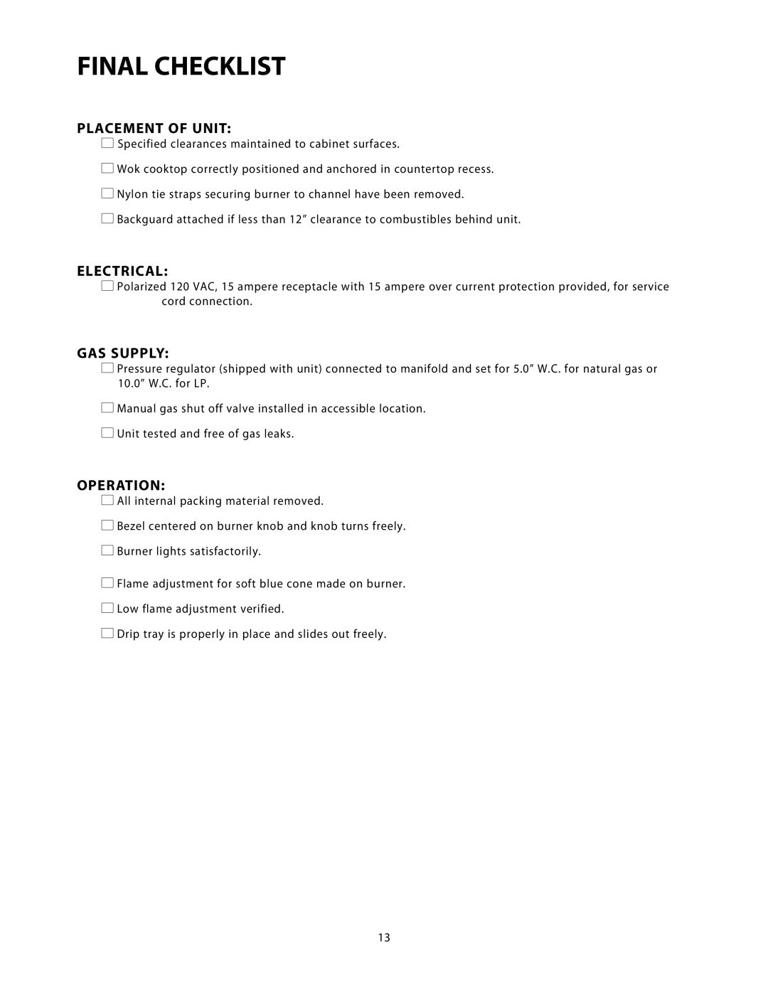 DCS C-24 installation instructions Final Checklist, Placement of Unit, Electrical, GAS Supply, Operation 