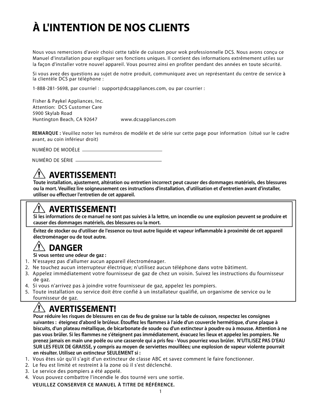 DCS C-24 installation instructions Lintention DE NOS Clients, Avertissement 