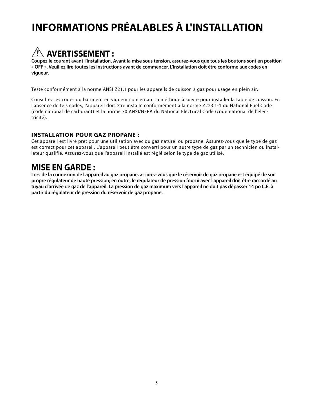 DCS C-24 installation instructions Informations Préalables À Linstallation, Installation Pour GAZ Propane 