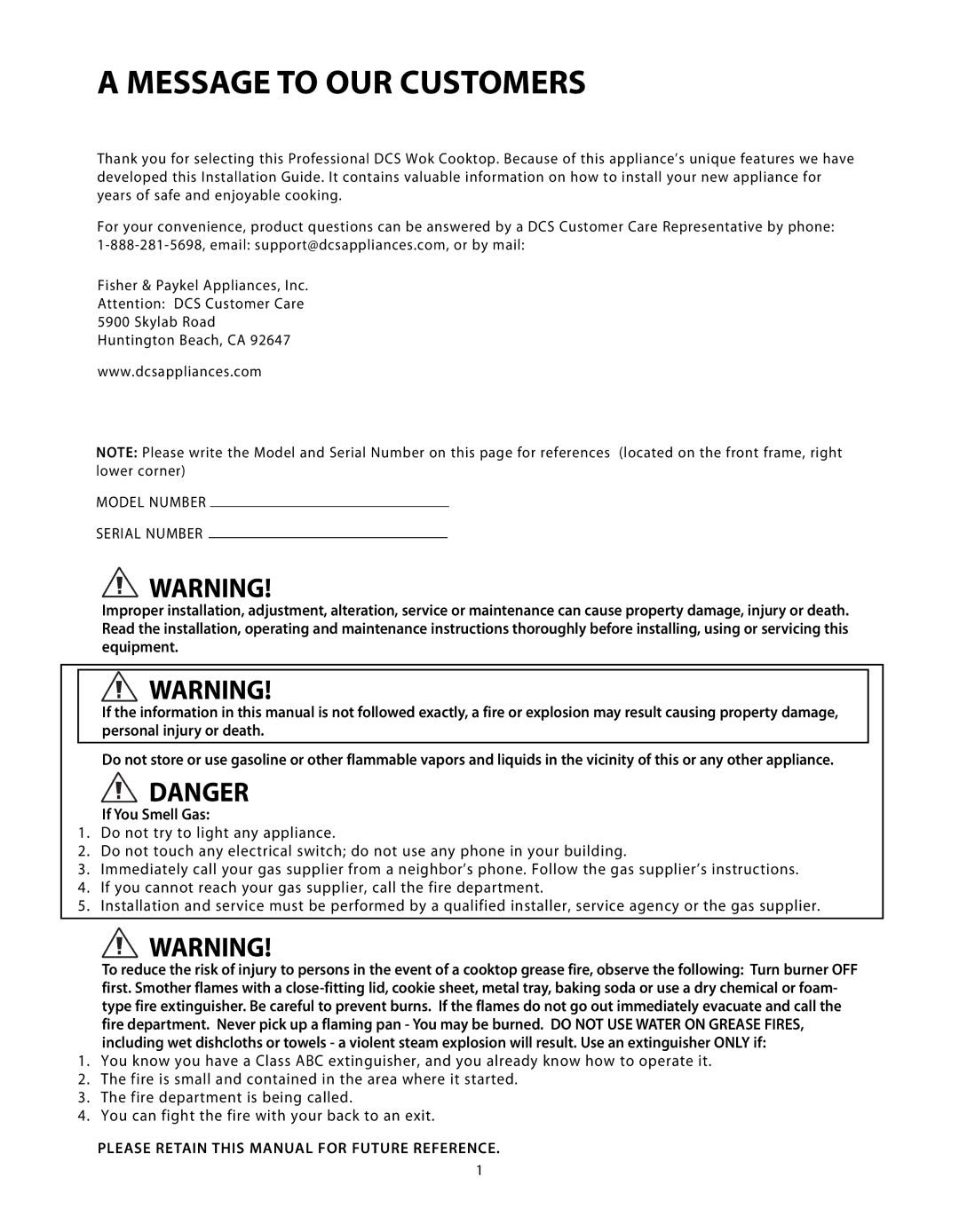 DCS C-24 installation instructions Message to OUR Customers, If You Smell Gas 