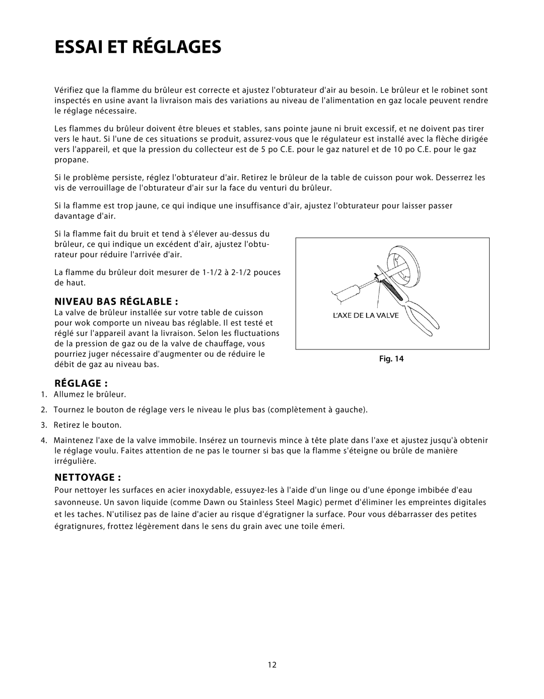 DCS C-24 installation instructions Essai ET Réglages, Niveau BAS Réglable, Nettoyage 