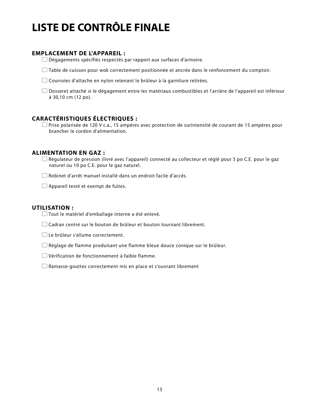 DCS C-24 Liste DE Contrôle Finale, Emplacement DE Lappareil, Caractéristiques Électriques, Alimentation EN GAZ 