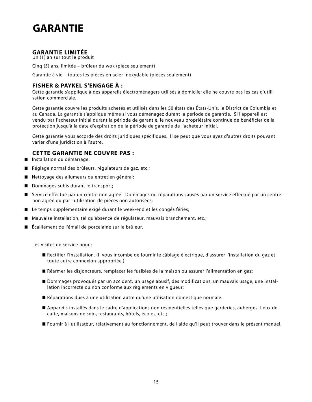 DCS C-24 installation instructions Garantie Limitée, Fisher & Paykel Sengage À, Cette Garantie NE Couvre PAS 