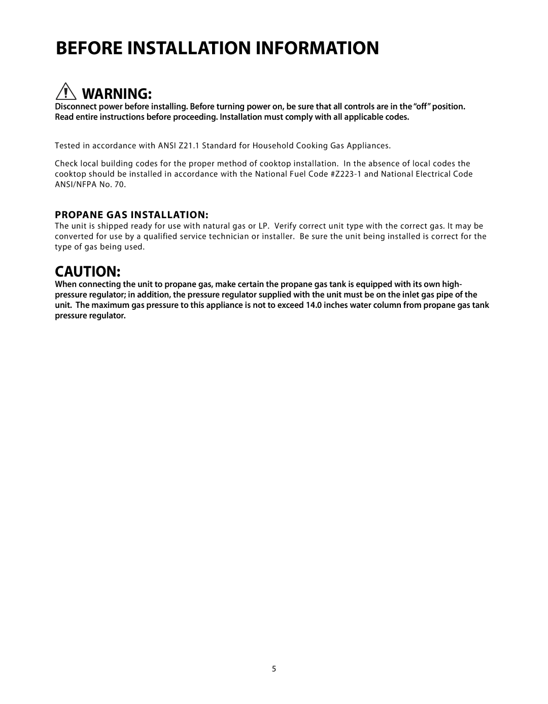 DCS C-24 installation instructions Before Installation Information, Propane GAS Installation 