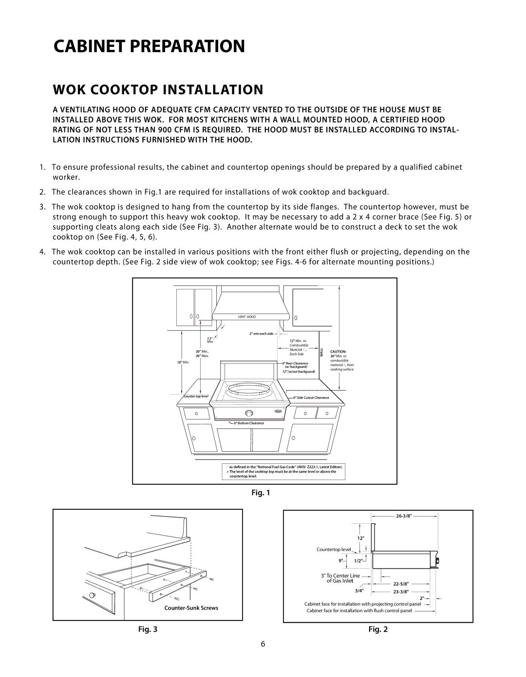 DCS C-24 installation instructions Cabinet Preparation, WOK Cooktop Installation 