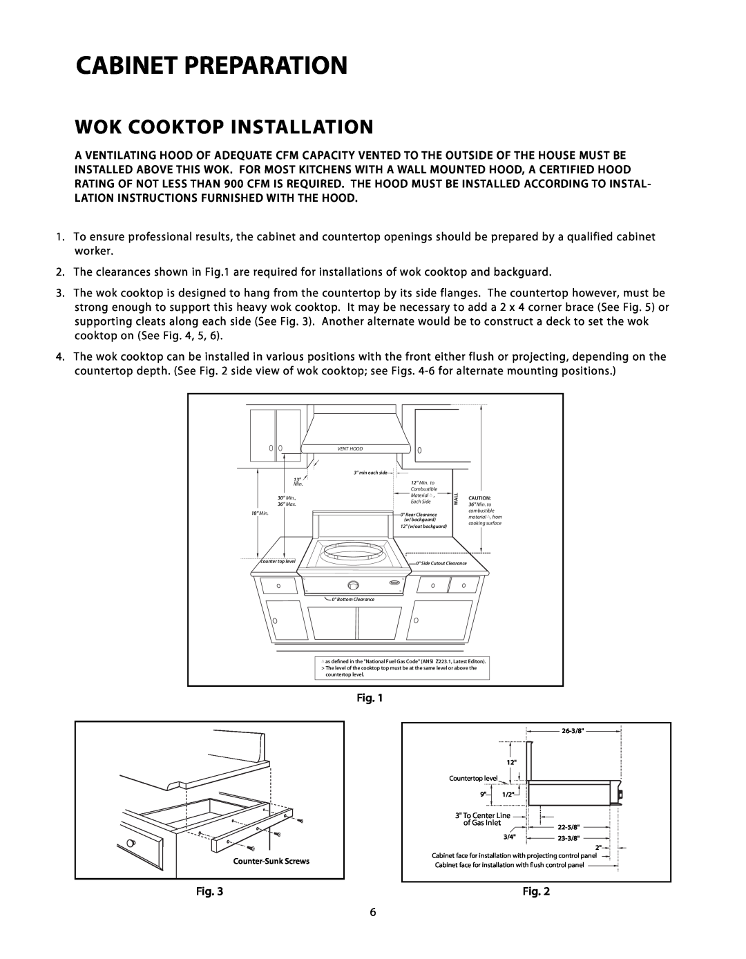 DCS C-24 installation instructions Cabinet Preparation, Wok Cooktop Installation 