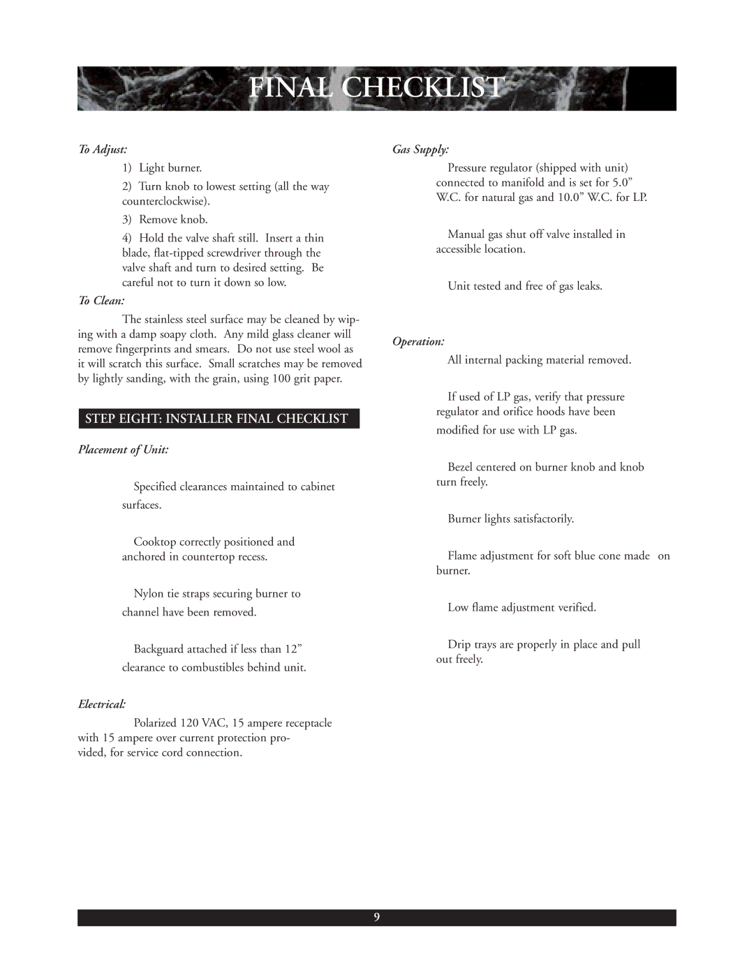 DCS C-24W installation manual Finalheaderchecklist 