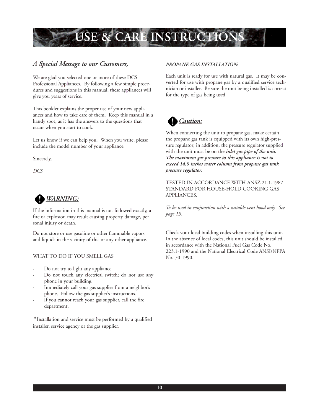 DCS C-24W installation manual USE & Careheaderinstructions, Propane GAS Installation 