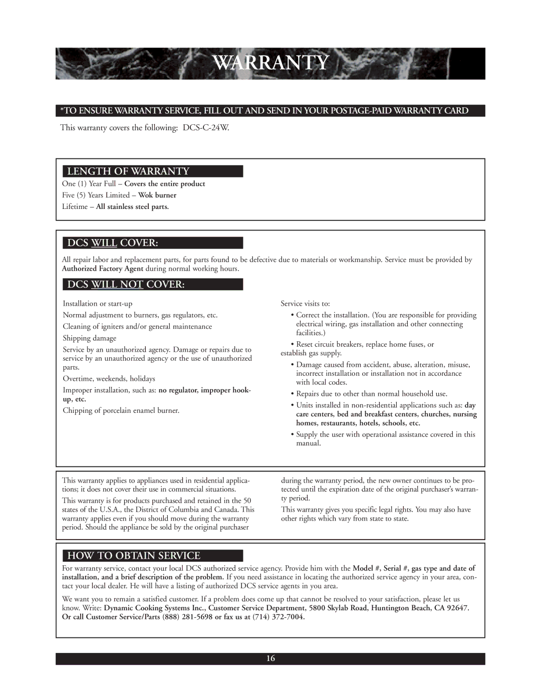 DCS C-24W installation manual Warrantyheader, Length of Warranty, DCS will Cover, DCS will not Cover, HOW to Obtain Service 