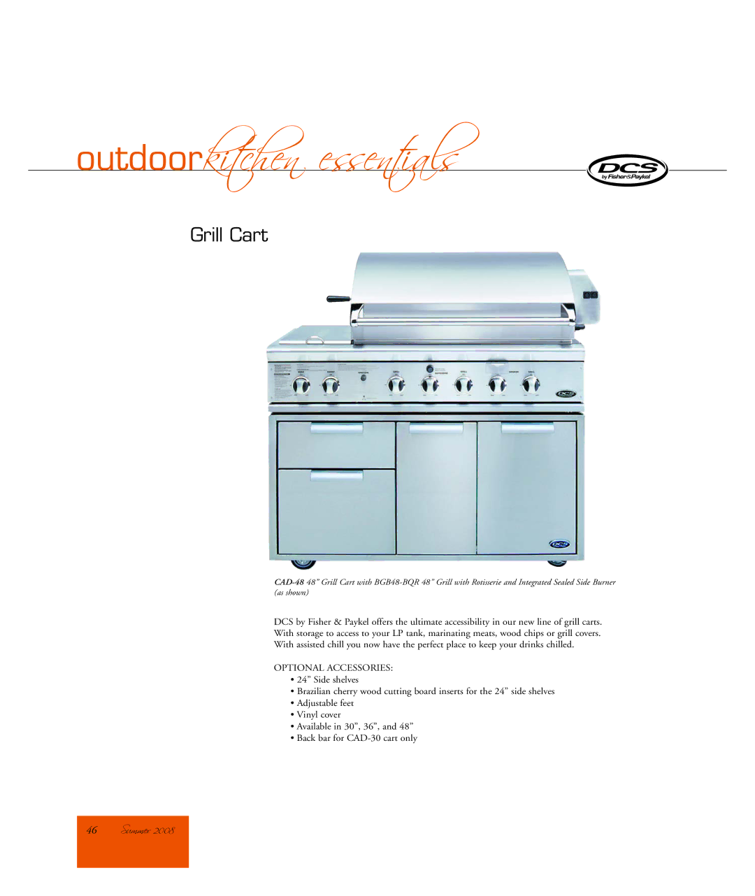 DCS CAD-48 manual Outdoorkitchen essentials, Grill Cart, Optional Accessories 