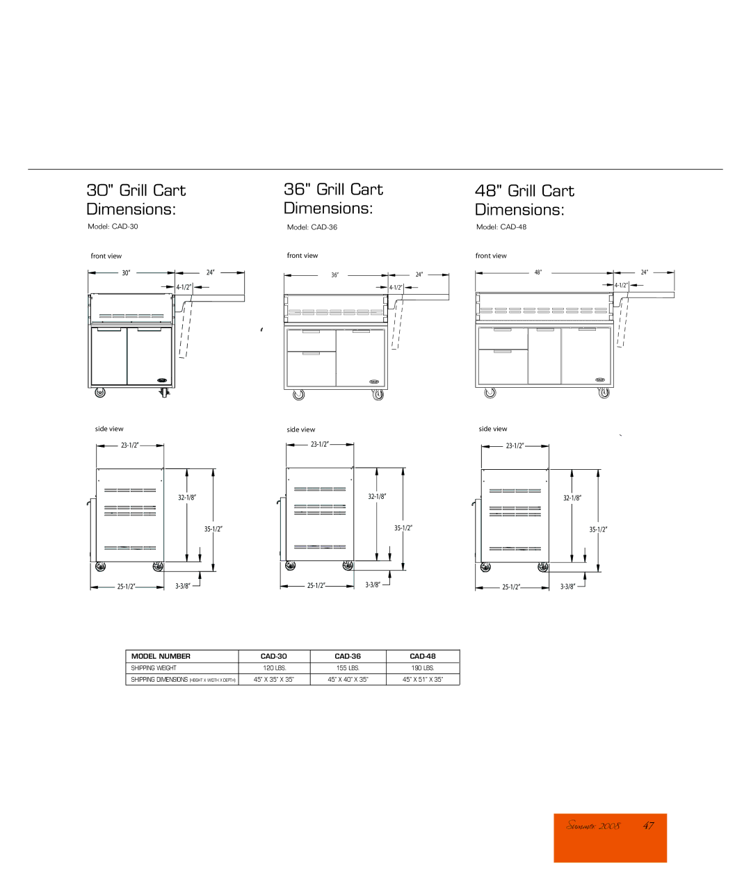 DCS manual Model CAD-30 Front view Side view, Model CAD-36 Front view Side view, Model CAD-48 Front view Side view 