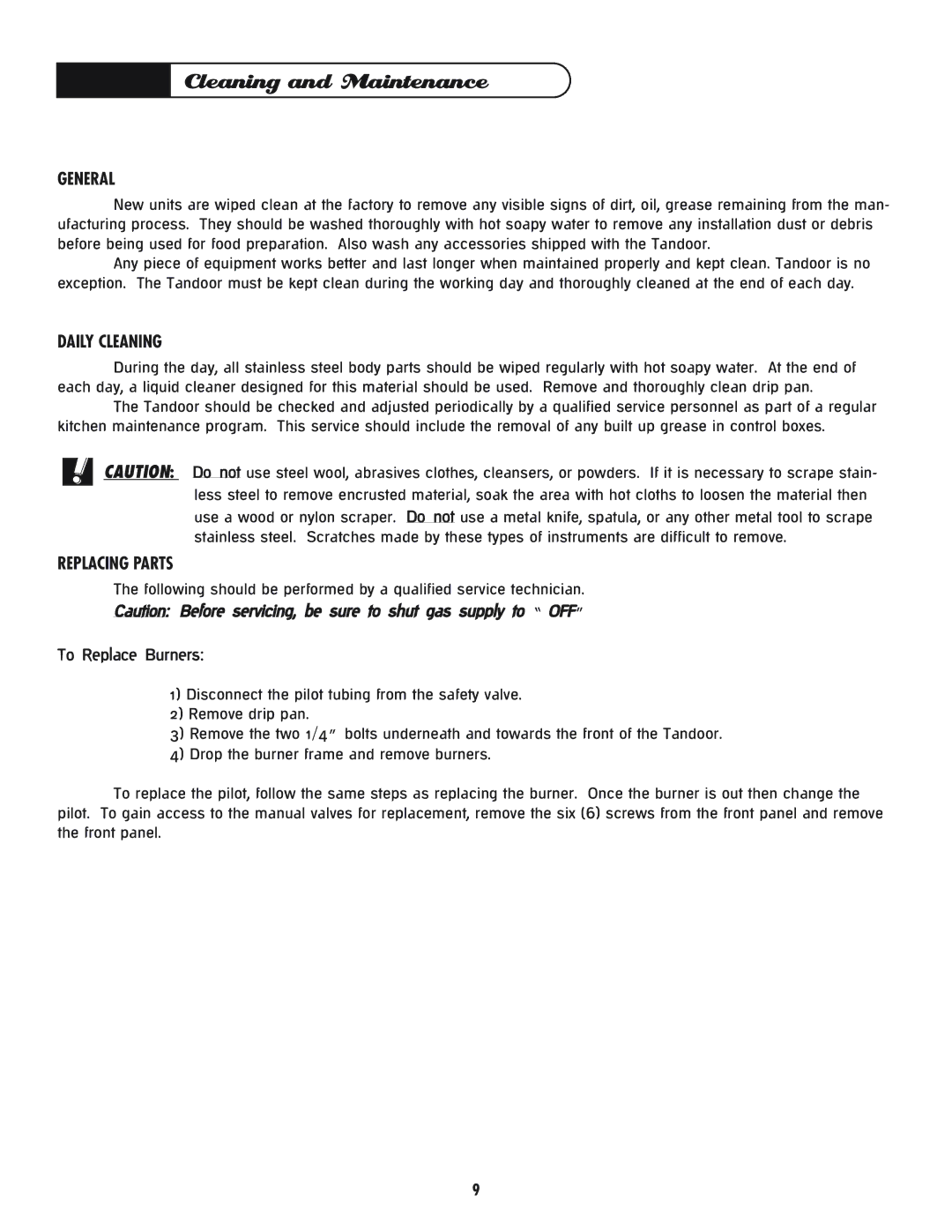 DCS CGT manual Cleaning and Maintenance, General, Daily Cleaning, Replacing Parts 