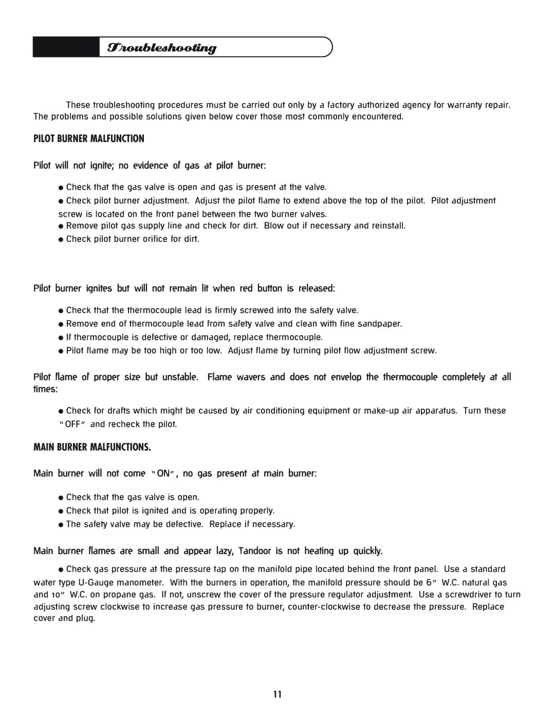 DCS CGT manual Troubleshooting, Pilot Burner Malfunction, Main Burner Malfunctions 