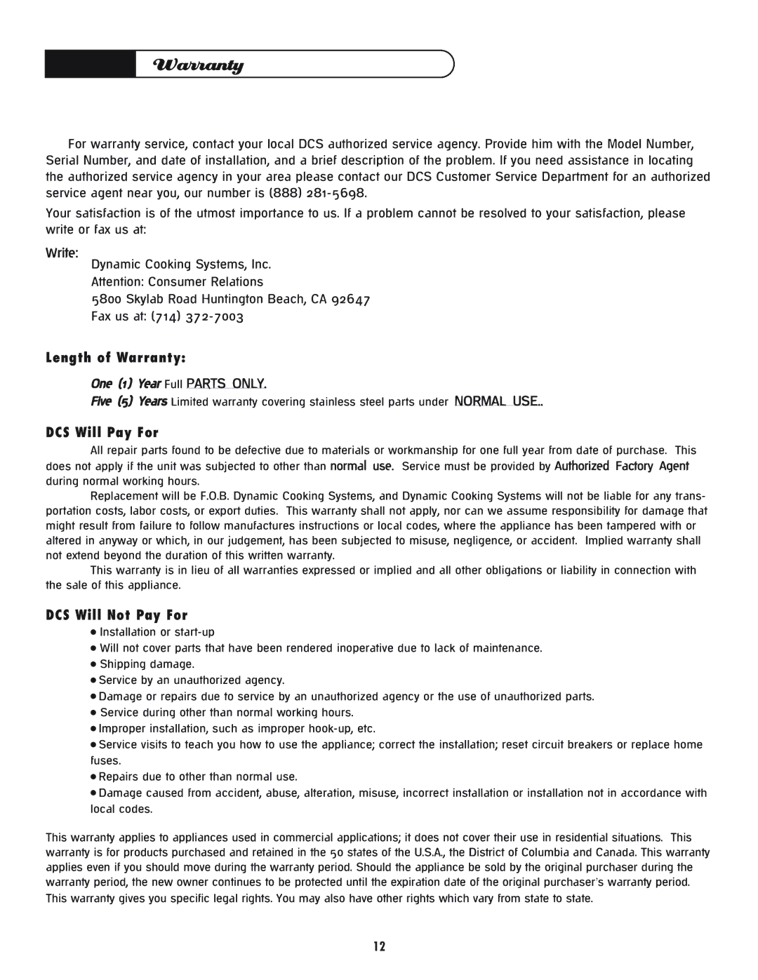 DCS CGT manual Length of Warranty 