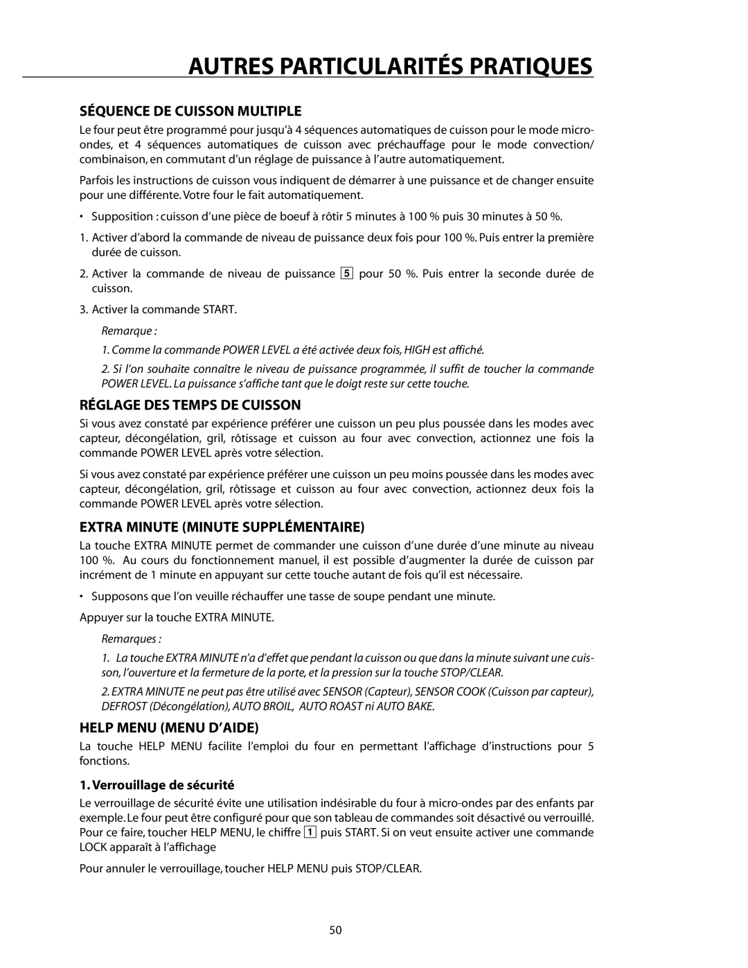 DCS CMO24SS manual Autres Particularités Pratiques, Séquence DE Cuisson Multiple, Réglage DES Temps DE Cuisson 