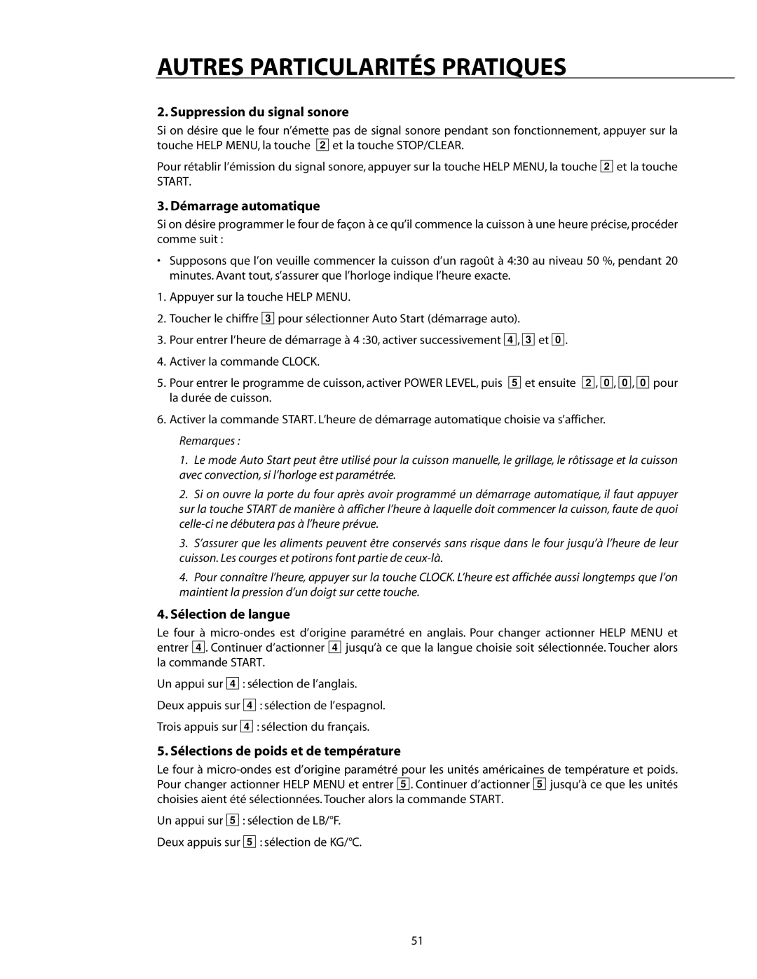 DCS CMO24SS manual Suppression du signal sonore, Démarrage automatique, Sélection de langue, Start 