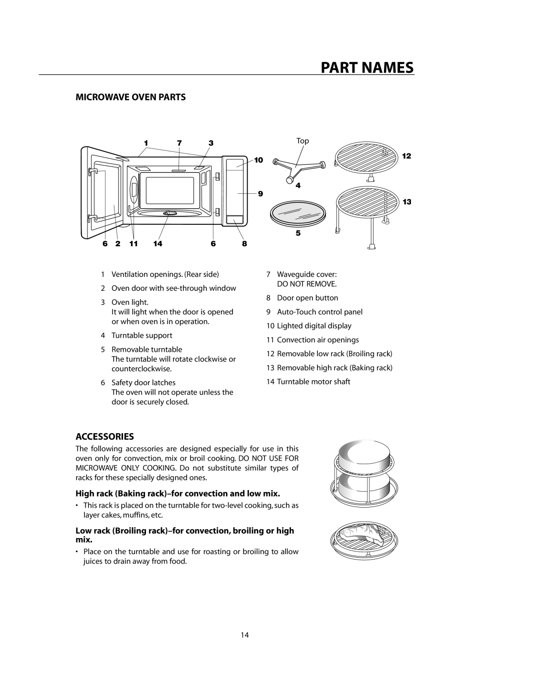 DCS CMO24SS manual Part Names, Microwave Oven Parts, Accessories, High rack Baking rack-for convection and low mix 