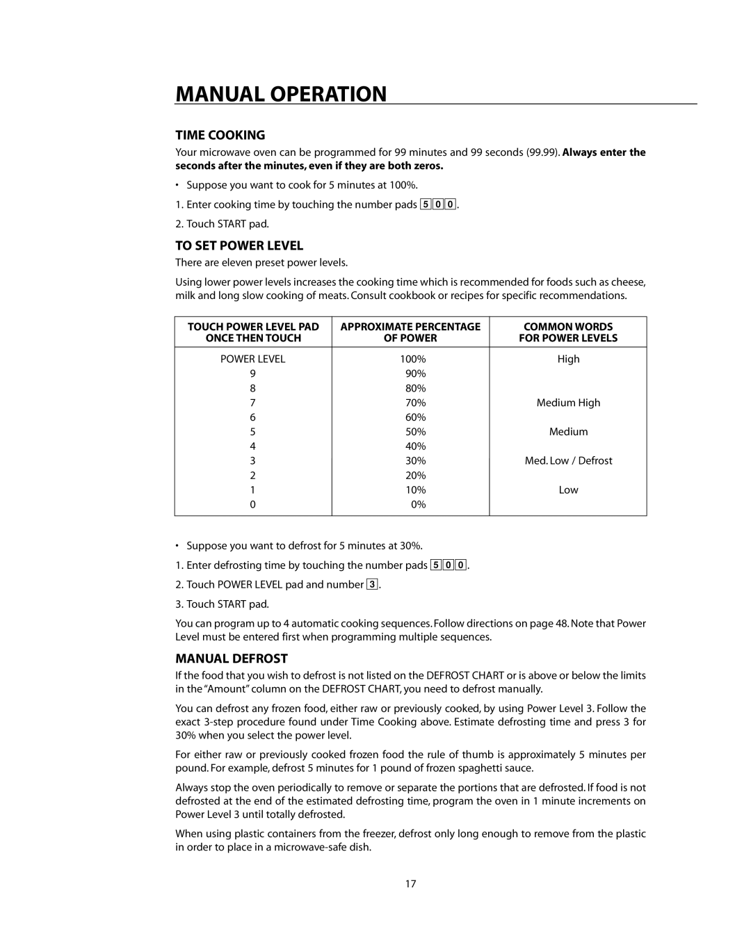 DCS CMO24SS manual Manual Operation, Time Cooking, To SET Power Level, Manual Defrost 