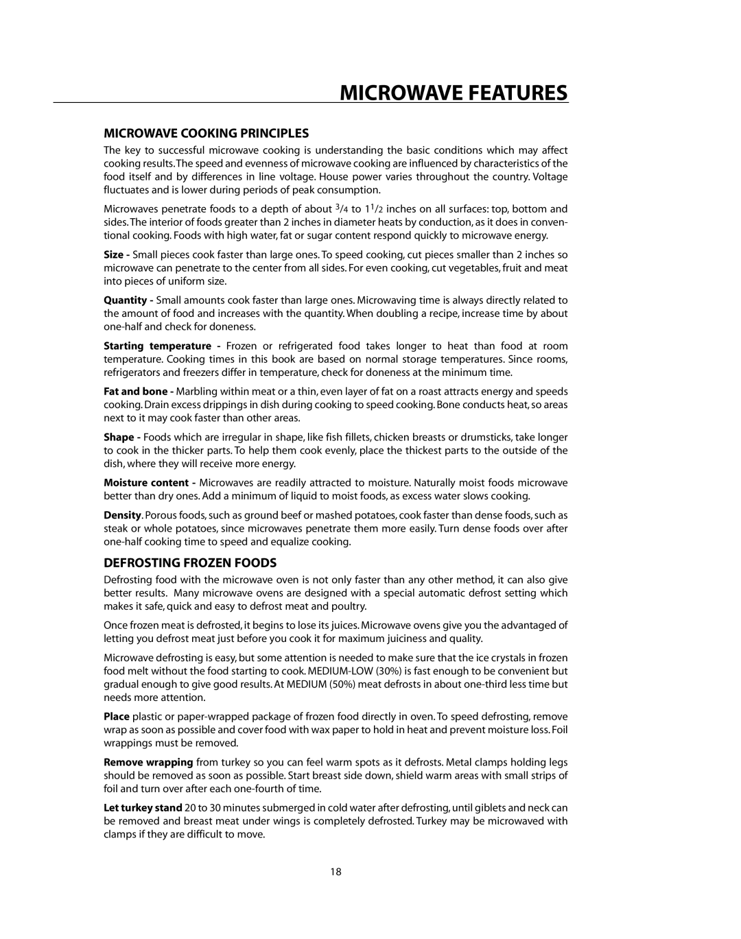 DCS CMO24SS manual Microwave Features, Microwave Cooking Principles, Defrosting Frozen Foods 