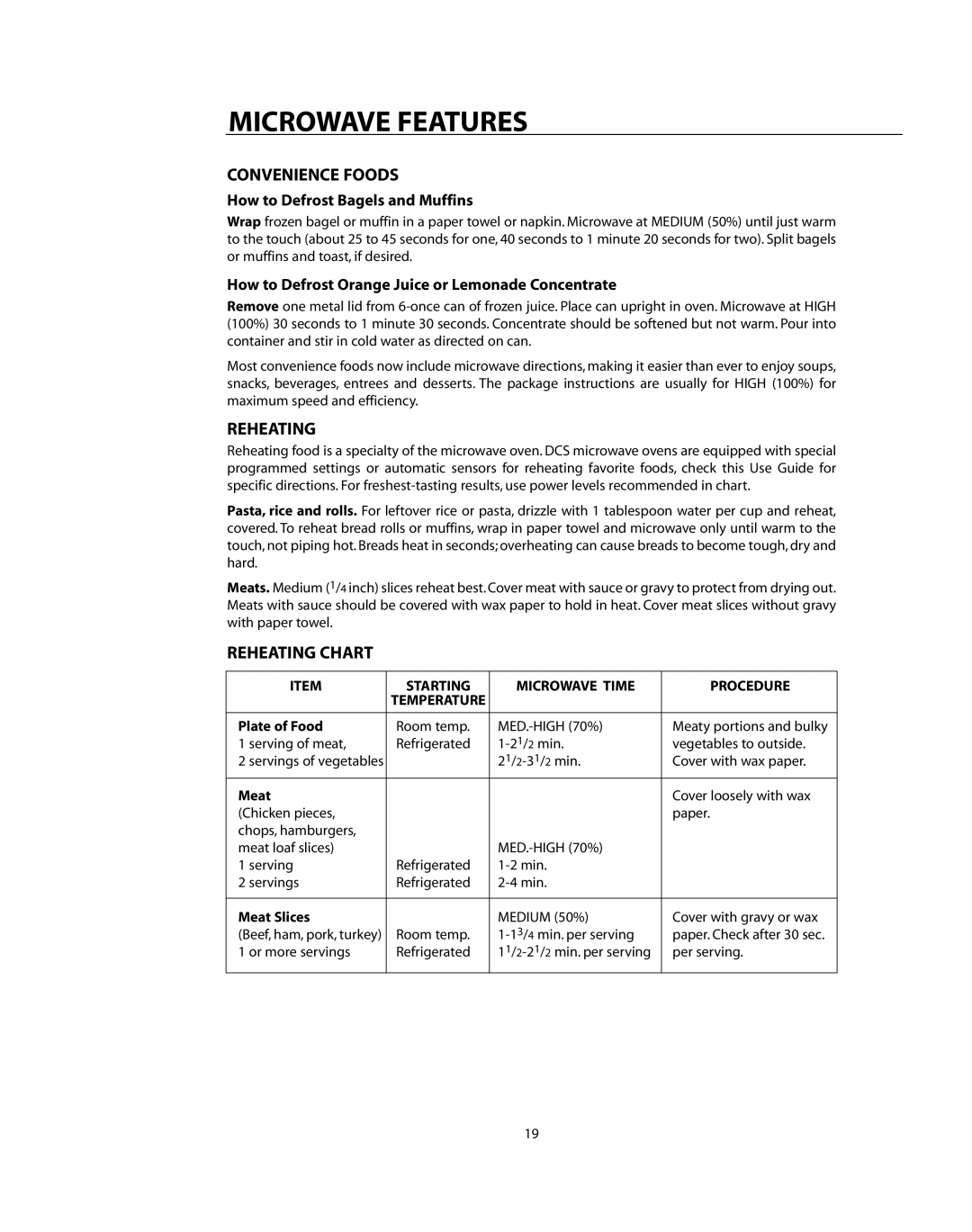 DCS CMO24SS manual Convenience Foods, Reheating Chart, How to Defrost Bagels and Muffins 