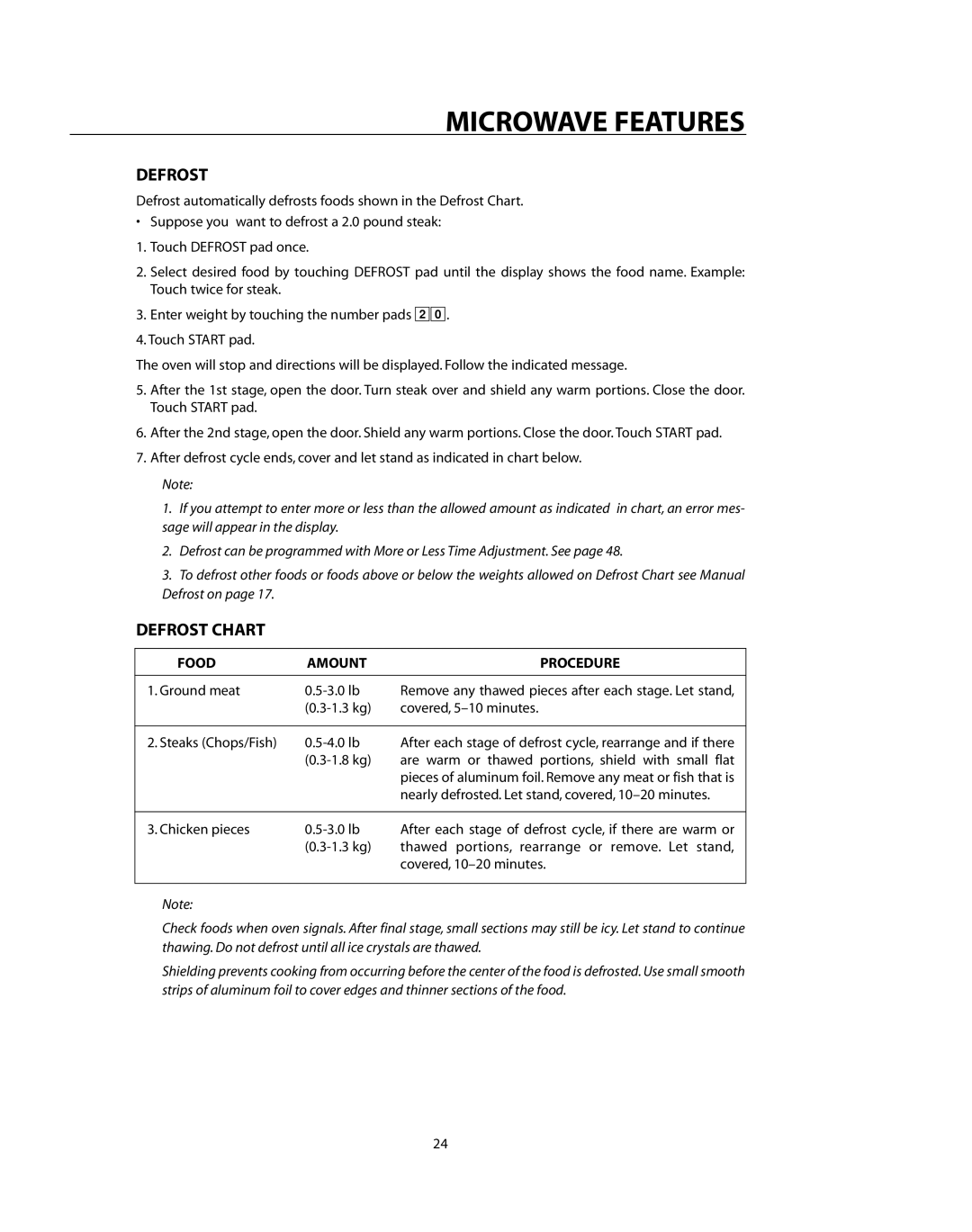 DCS CMO24SS manual Defrost Chart, Food Amount Procedure 