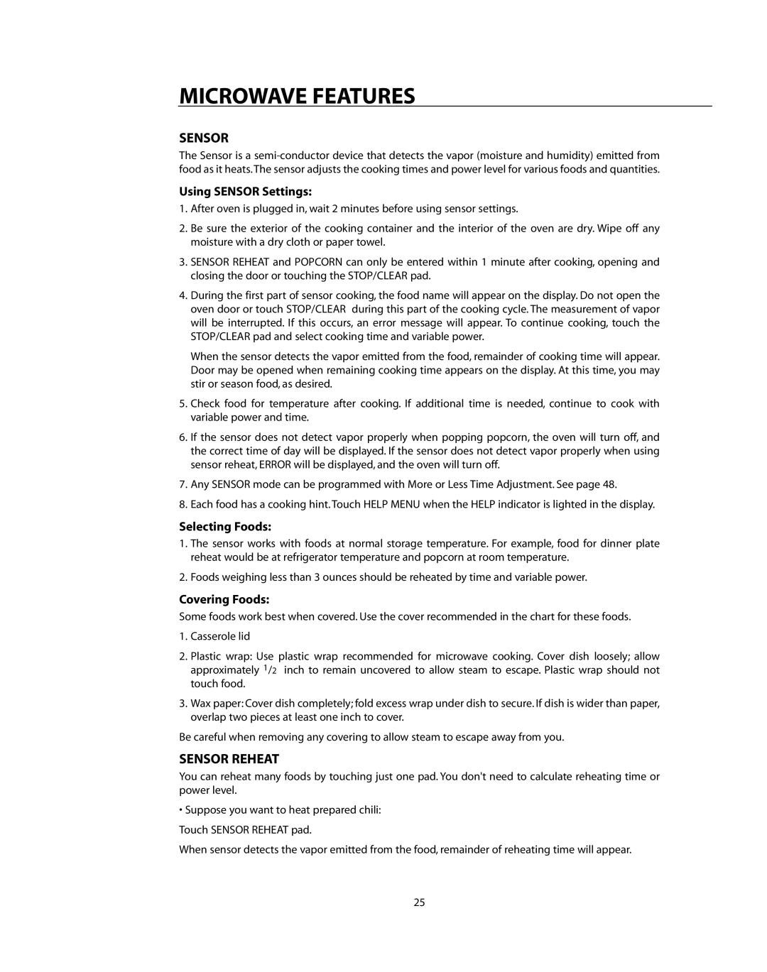 DCS CMO24SS manual Sensor Reheat, Using Sensor Settings, Selecting Foods, Covering Foods 